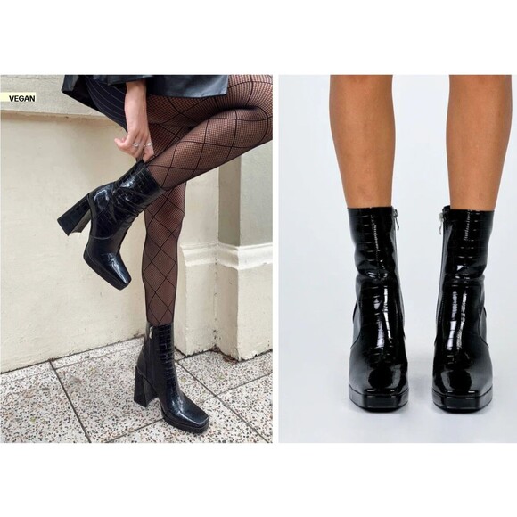 Princess Polly Shoes - Princess Polly Jamie Croc Platform Boots Black US 7 Pleather Camelia